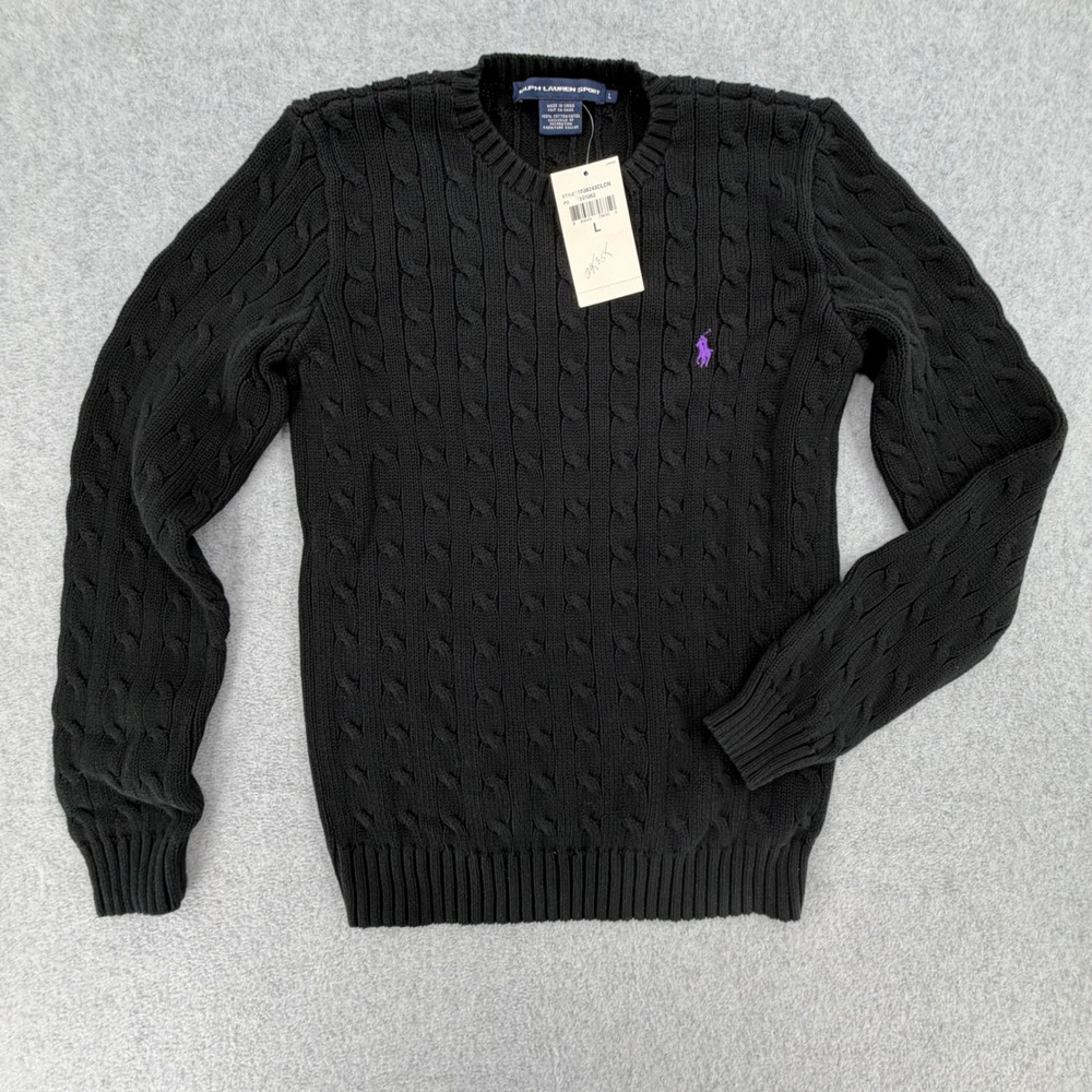 Ralph Lauren Sport Crewneck Women L Black Cable Knit Purple Pony 1858243CLCN